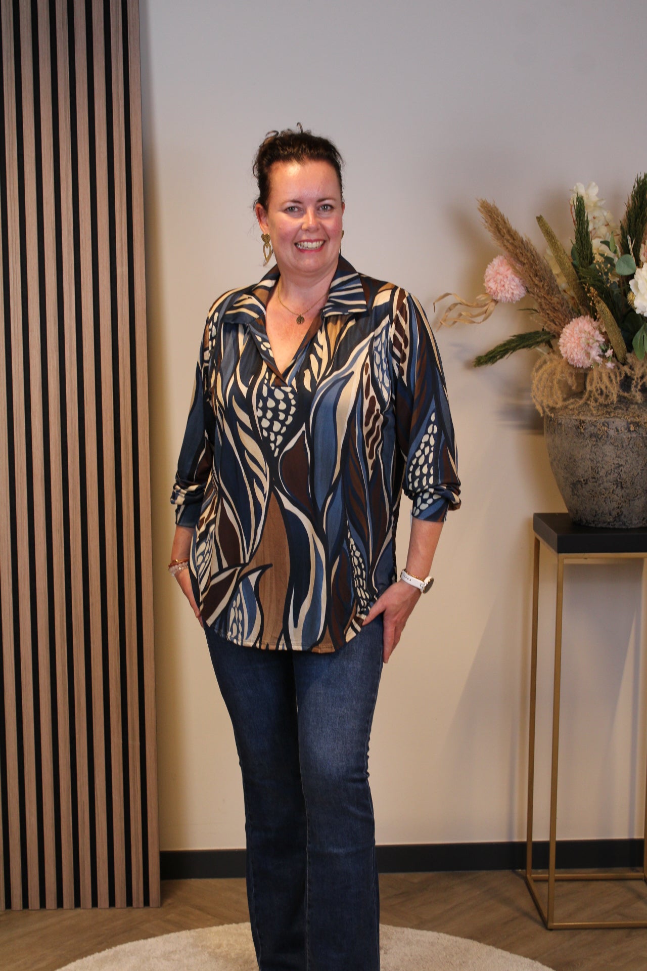 Mona | Blouse blauw met kraagje 38 t/m 48