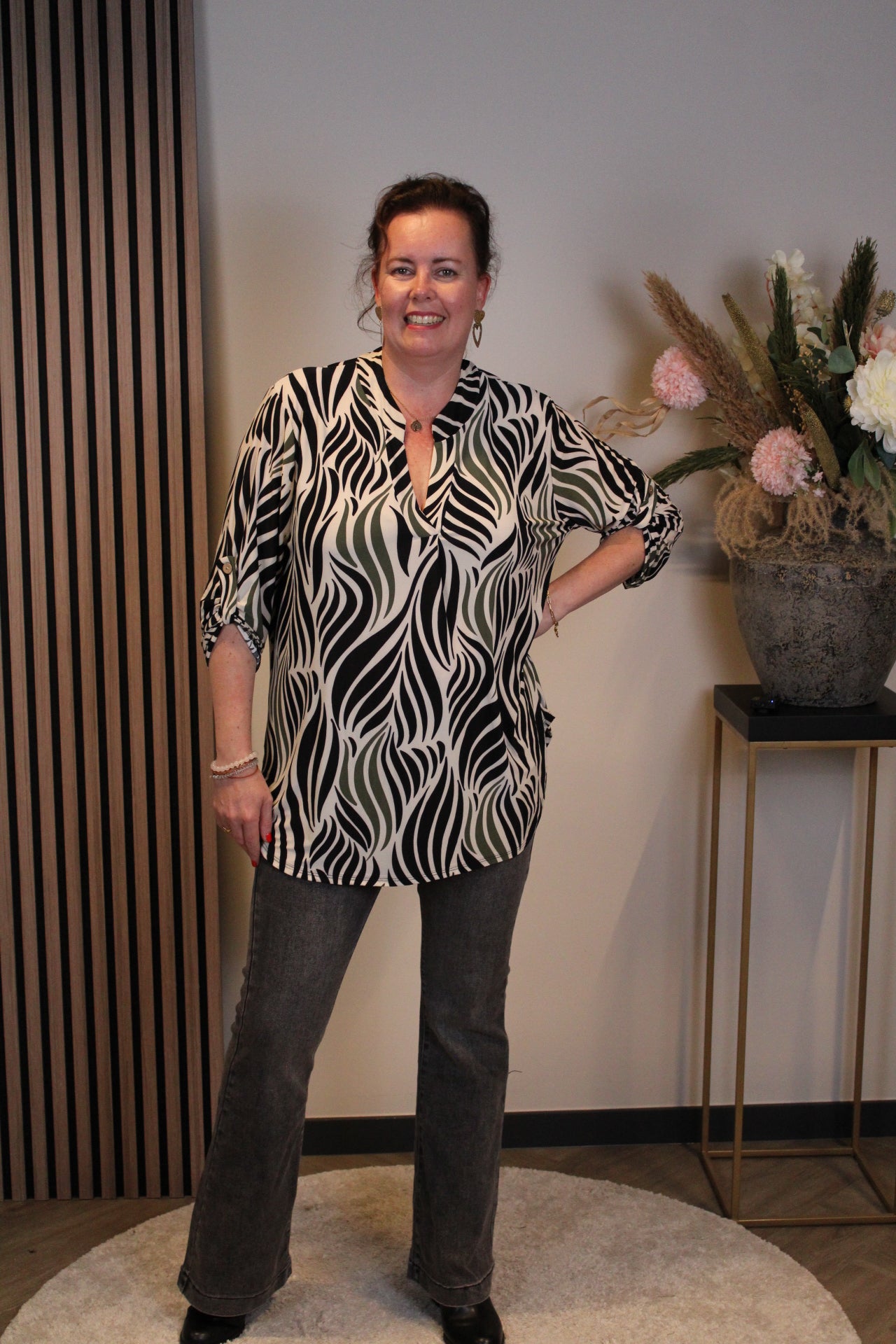 Jolisa | Blouse wit/groen lange mouw 38 t/m 48