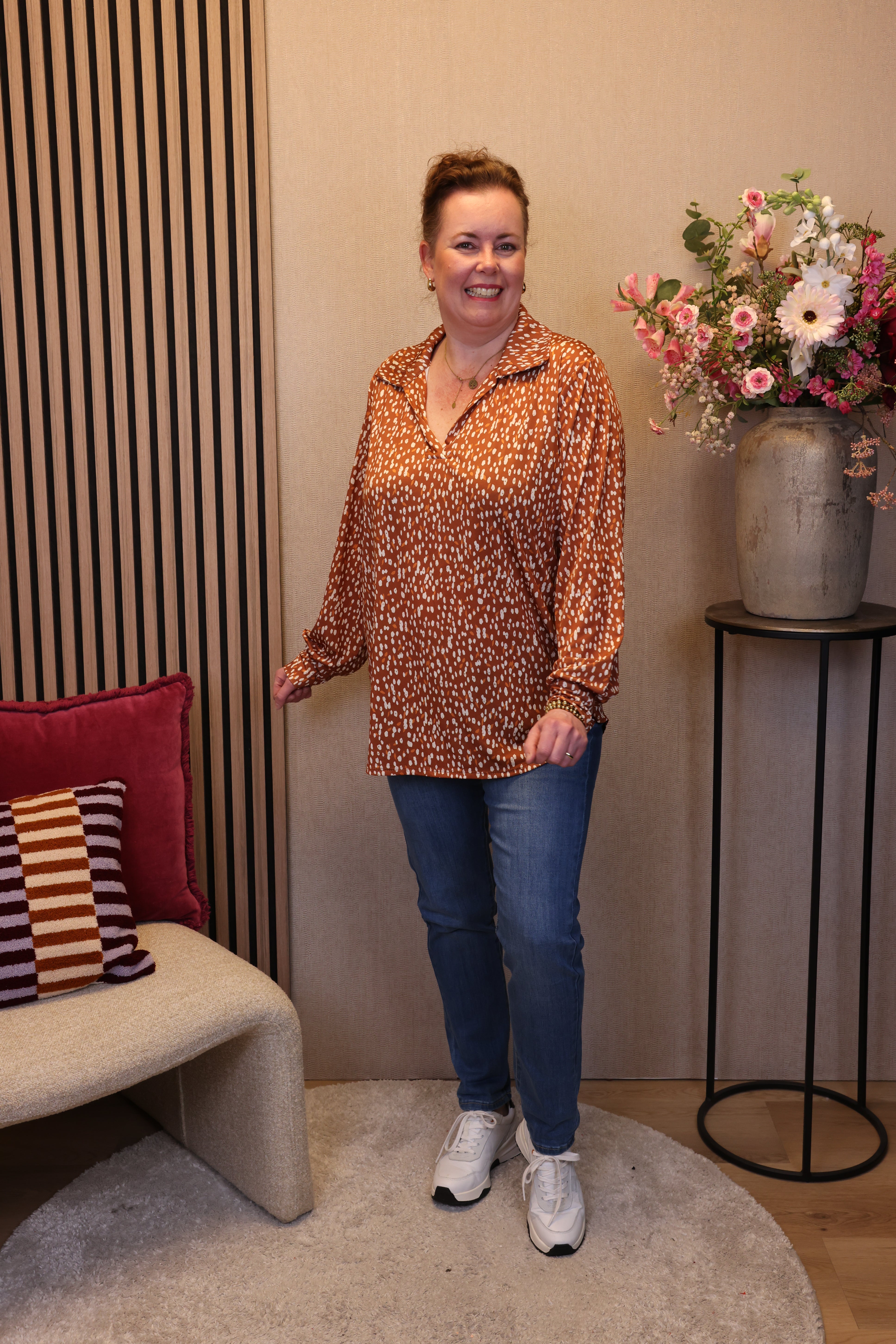Jip | Blouse geel/bruin met kraagje