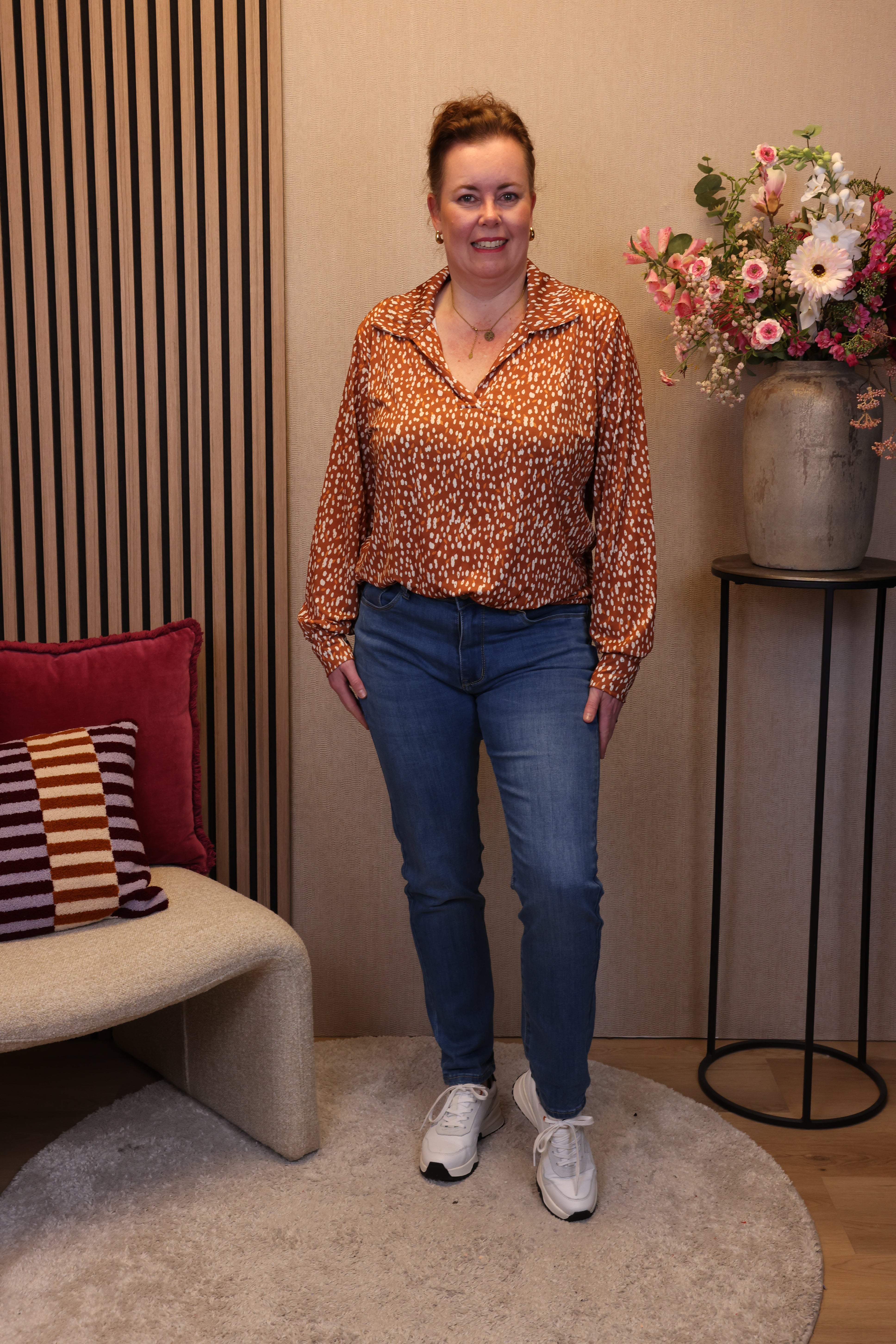 Jip | Blouse geel/bruin met kraagje