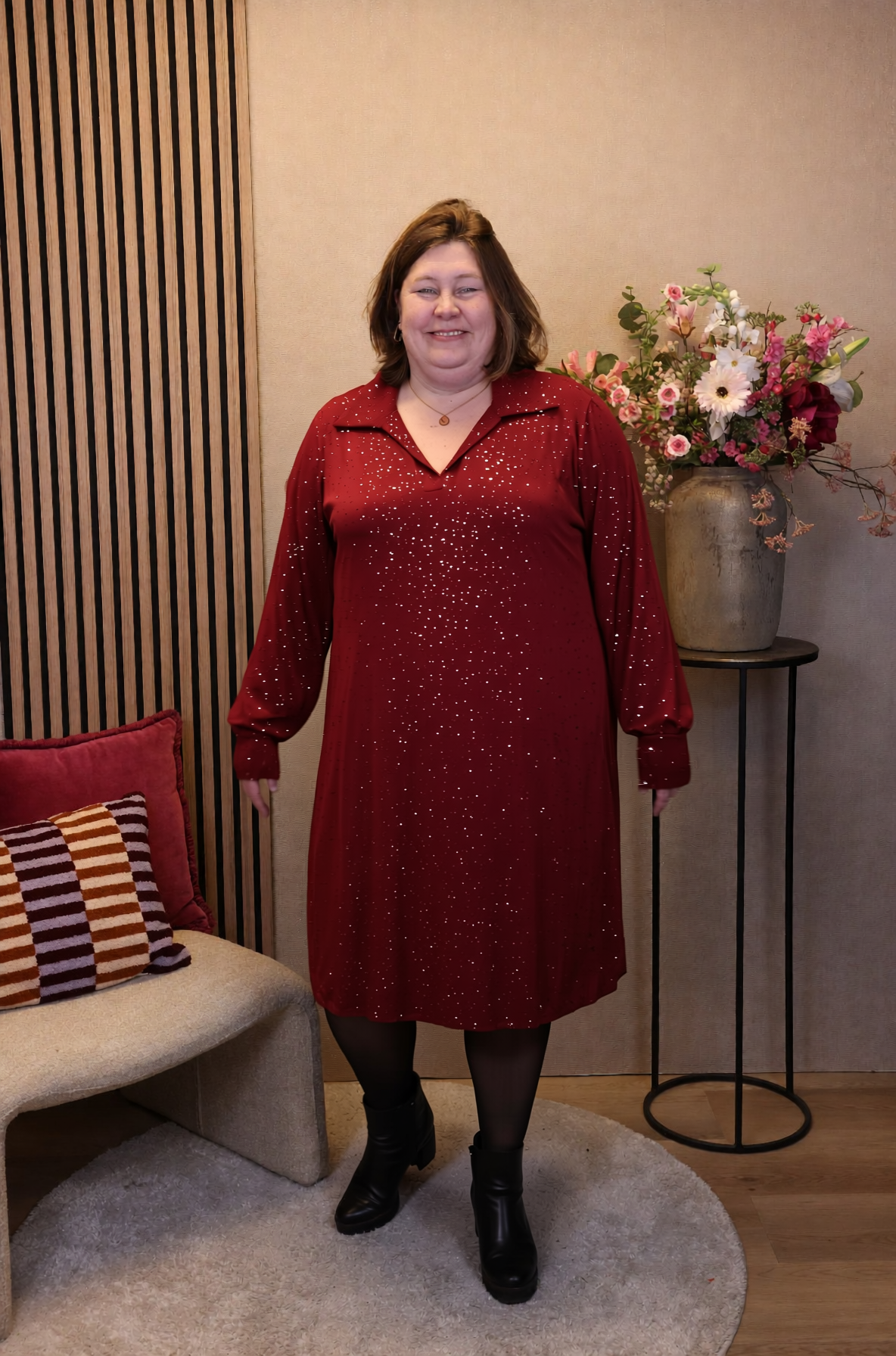 Kenza | Glitter jurk bordeaux met kraagje