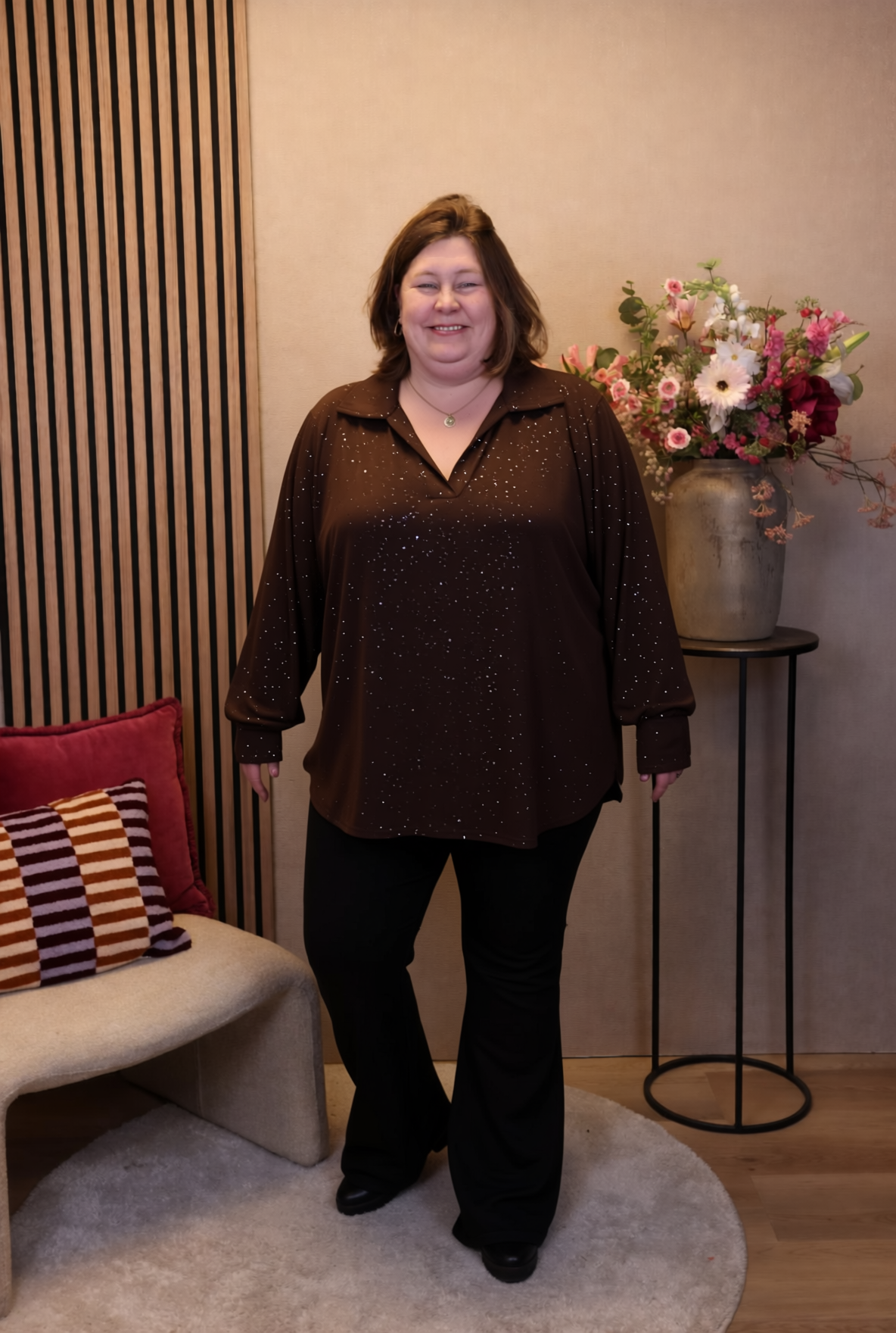 Luna | Glitter blouse bruin met kraagje