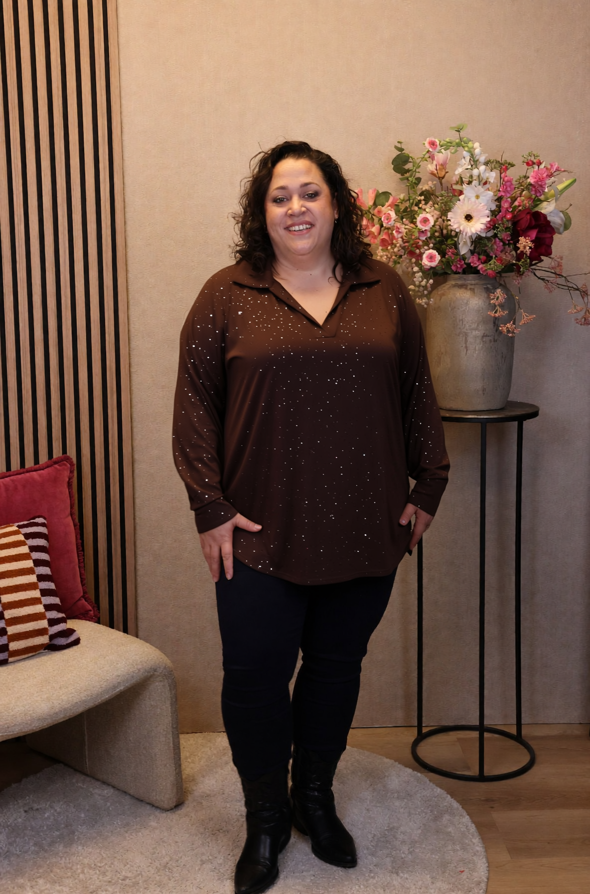 Luna | Glitter blouse bruin met kraagje